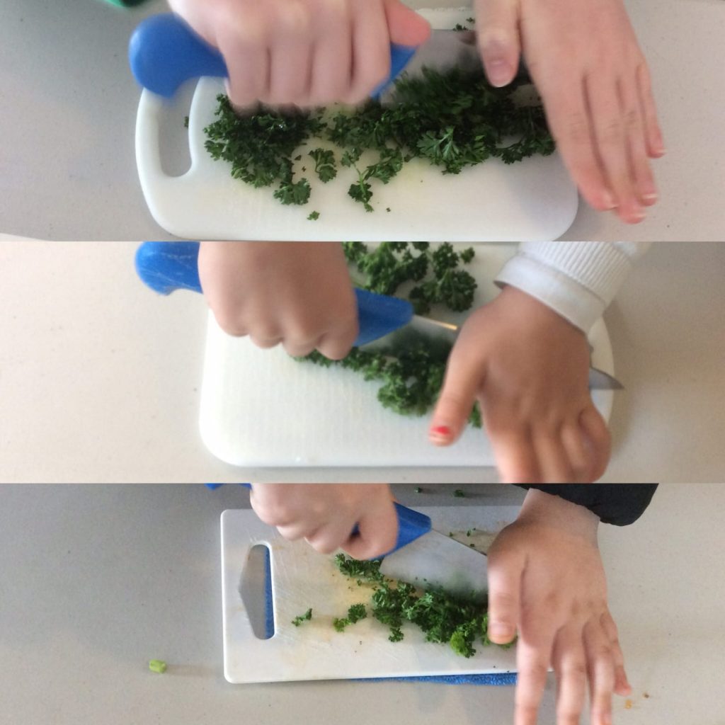 Montage of person chopping herbs