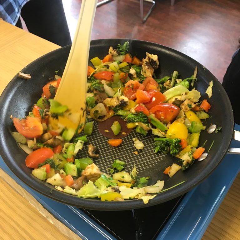 A pan of stir fry vegetables