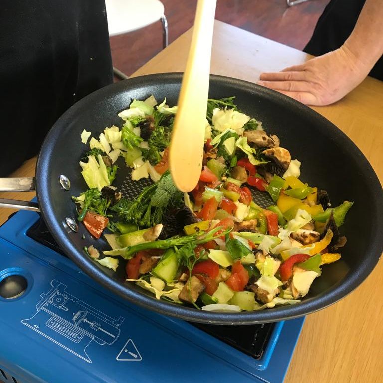 A pan of stir fry vegetables