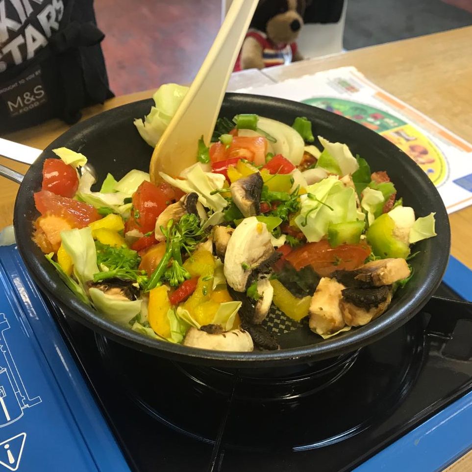 A pan of stir fry vegetables