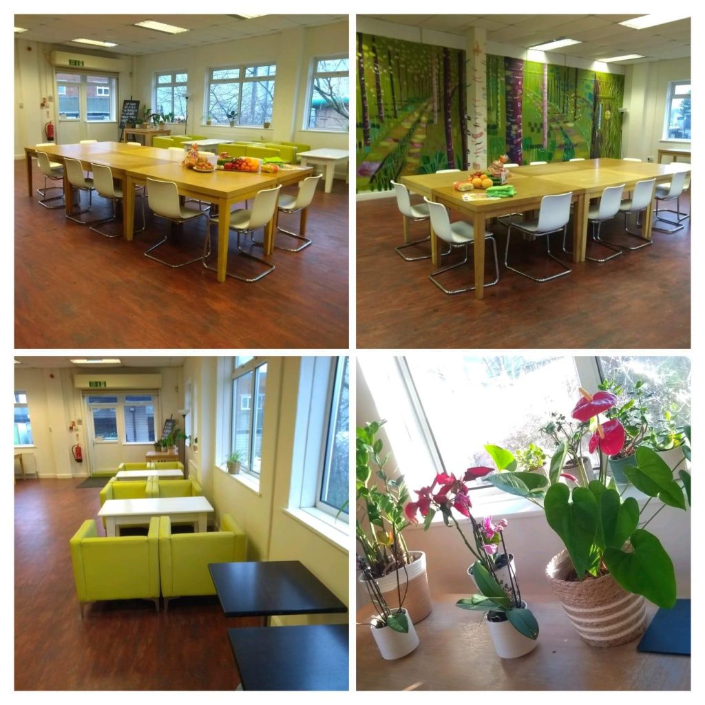 Montage of photos of The Storehouse café area looking bright and welcoming