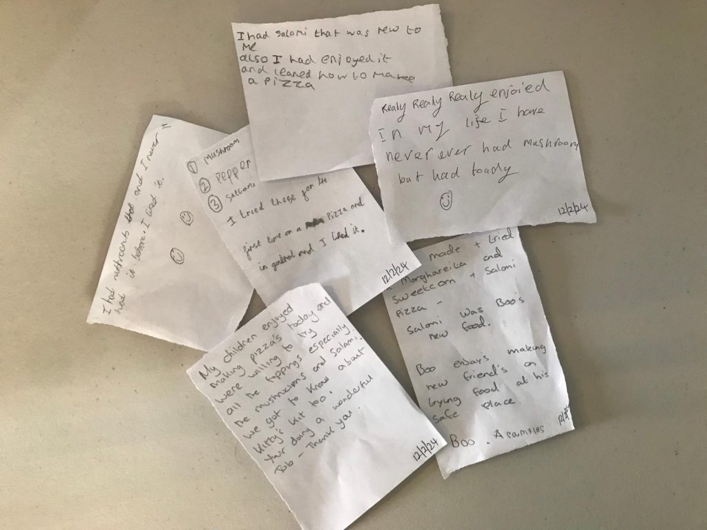 Handwritten feedback notes from cooking classes