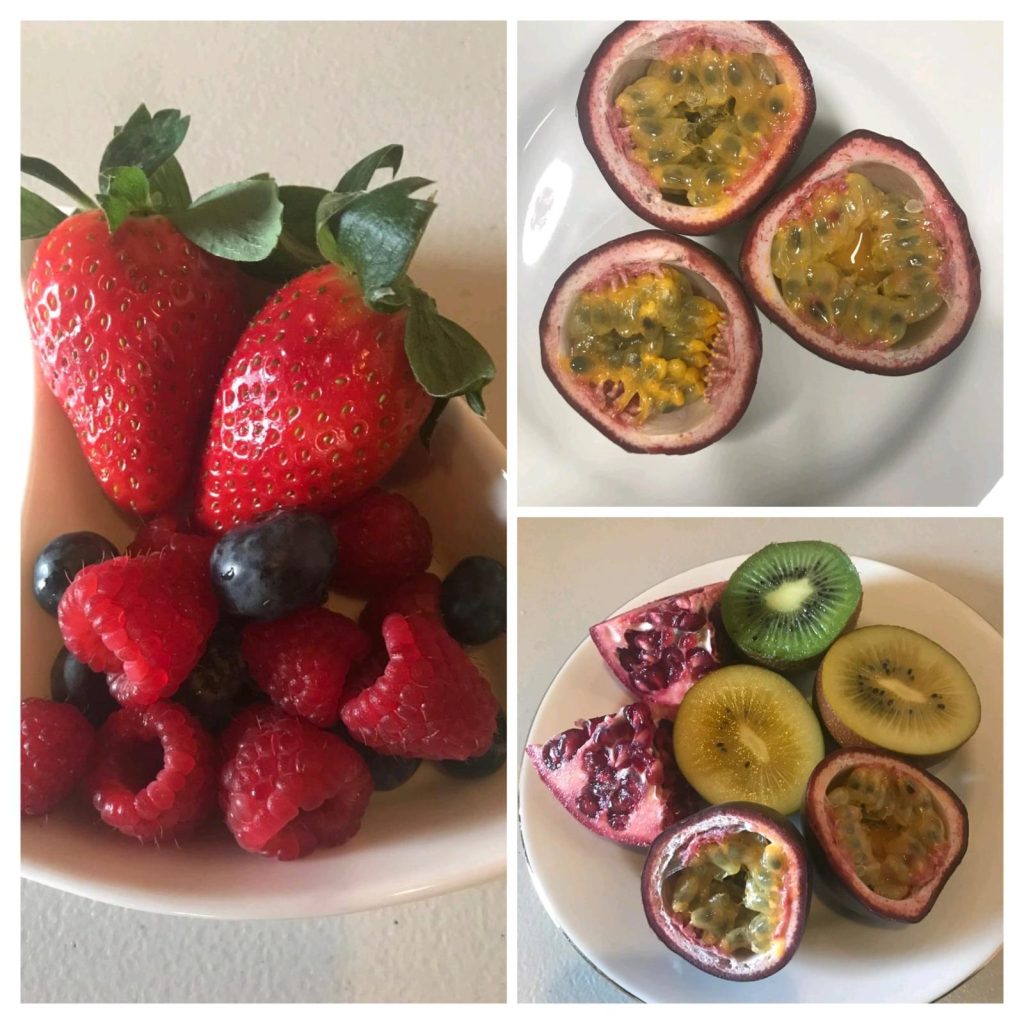 Montage of photos showing strawberries, pomegranates, kiwis, raspberries and blueberries.