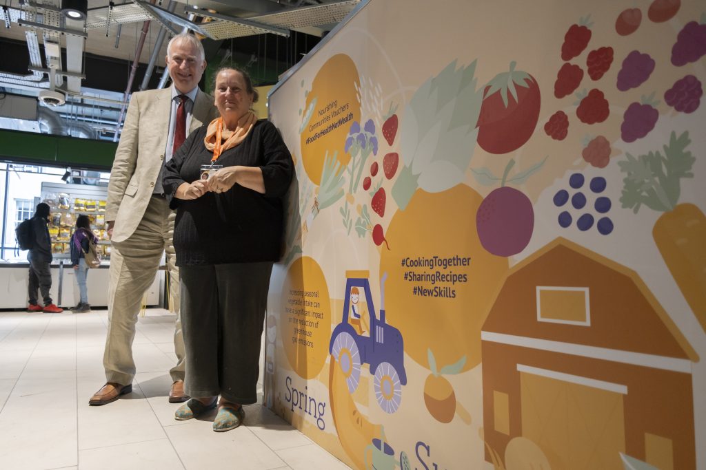 Minister of State for Food Security and Rural Affairs, Daniel Zeichner, with Inn Churches' CEO, Juli Thompson, in front of the FoodSavers Cookery School